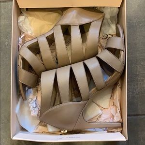 BCBG tan caged high heel sandal